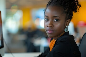 Poster - African American Businesswoman Engaged in Video Conference Webinar at Desk