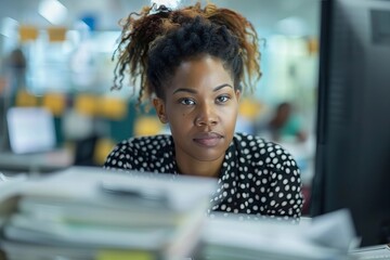 Poster - Professional African American Business Woman Focused on Auditing Invoices in Modern Office Setting, Captured in Close-Up Shot.