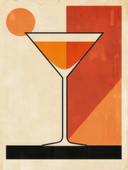 Fototapete - Flat minimalist retro wall art depicting a cocktail glass in bold, geometric lines, with subtle vintage tones, perfect for those who appreciate simple, nostalgic designs
