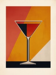 Fototapete - Flat minimalist retro wall art depicting a cocktail glass in bold, geometric lines, with subtle vintage tones, perfect for those who appreciate simple, nostalgic designs