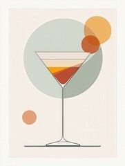 Fototapete - Flat minimalist retro wall art featuring a single cocktail in a sleek glass with geometric shapes and soft pastel colors. A simple yet elegant design for modern decor