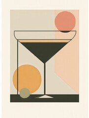 Fototapete - Flat minimalist retro wall art featuring a single cocktail in a sleek glass with geometric shapes and soft pastel colors. A simple yet elegant design for modern decor