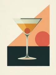 Fototapete - Flat minimalist retro wall art featuring a single cocktail in a sleek glass with geometric shapes and soft pastel colors. A simple yet elegant design for modern decor