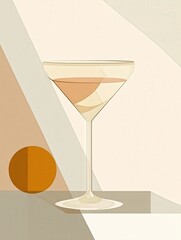 Fototapete - Flat minimalist retro wall art featuring one cocktail glass in pastel hues, simple lines, and clean shapes. This design embodies vintage elegance with modern appeal