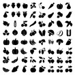 © Anabella - This image contains a collection of black silhouette icons depicting various fruits and vegetables. The icons are arranged in a grid pattern and include items such as strawberries, grapes, carrots, ga