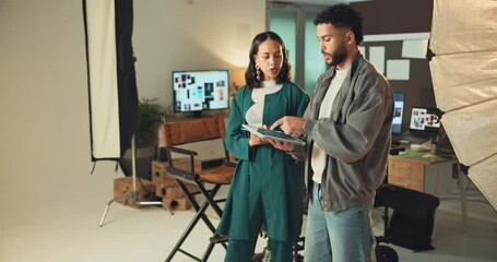 Aufkleber - Photography, tablet and planning with people in studio for teamwork, creative director and backstage process. Magazine media, photoshoot and catalog idea with man and woman on set for project
