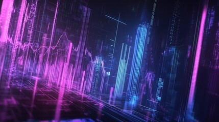 Fototapete - A futuristic financial chart with glowing neon bar graphs and lines