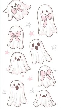 multiple kawaii ghosts with pink bows, set against a white background, bringing joy with their soft pastel color palette