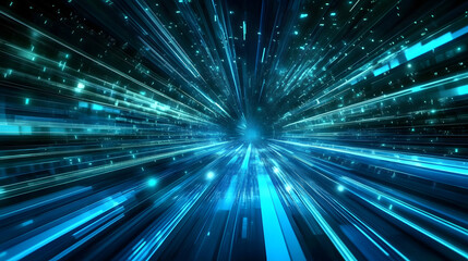 Poster - Abstract digital landscape depicting a futuristic blue and green grid moving rapidly through space and time during a nighttime scene