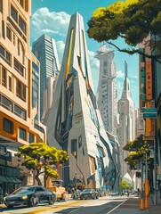 Poster - San Francisco, where a remarkable cubical architectural design stands tall, enhanced by elegant spires and surrounded by contemporary urban life