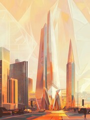 Poster - San Francisco, where a remarkable cubical architectural design stands tall, enhanced by elegant spires and surrounded by contemporary urban life