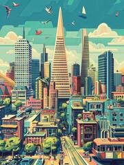 Poster - futuristic San Francisco skyline featuring a prominent architectural cube structure with tall spires, showcasing intricate details and a vibrant, modern city life below