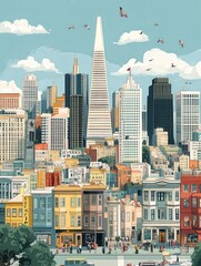 Poster - futuristic San Francisco skyline featuring a prominent architectural cube structure with tall spires, showcasing intricate details and a vibrant, modern city life below