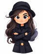 © DEWI - Cute cartoon girl with brown hair and a black coat and hat, arms crossed