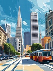Poster - San Francisco scene dominated by a technical cubical building with tall spires,
