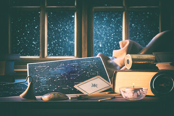 astrological background with vintage objects and window with universe