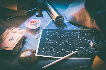 Wall Mural - Esoteric background detail with map constellations and objects elevated view