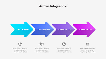 Poster - Infographic of four sequential arrow options representing a process, steps, or stages, paired with symbols and descriptive text, ideal for business or workflow presentations