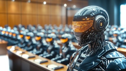 Poster - futuristic robots in assembly hall demonstrate advanced technology in high-resolution animation