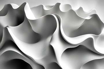 Abstract grayscale 3D rendering of flowing, undulating shapes.