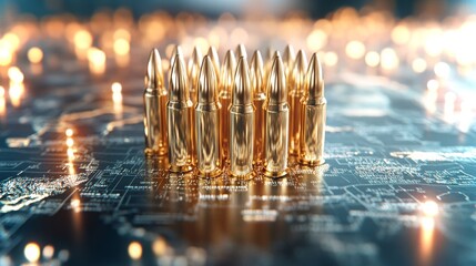 Poster - Gold bullets arranged on a circuit board with glowing lights in a futuristic setting