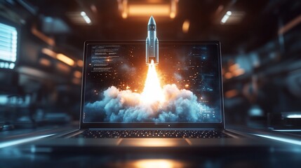 Poster - Rocket launches from laptop screen in futuristic setting. Coding background glow