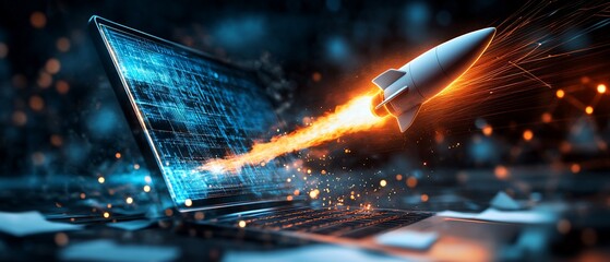 Poster - Rocket launches from laptop screen into blurred, bokeh background