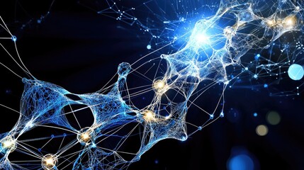 Poster - AI-generated network design with luminous blue streams and interconnected data nodes