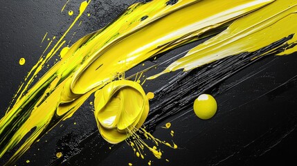 Poster - Bold abstract background with vivid yellow brush strokes over a deep black canvas, exuding energy