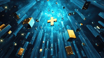 Poster - Bright blue digital texture with randomly placed tiny squares and glowing crosses