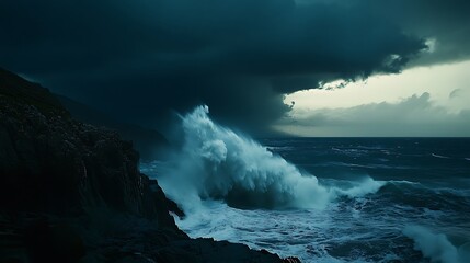  Dramatic ocean wave crashing against dark rocky coast under stormy sky.