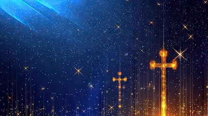 Poster - Elegant blue gradient backdrop decorated with scattered small squares and glowing crosses