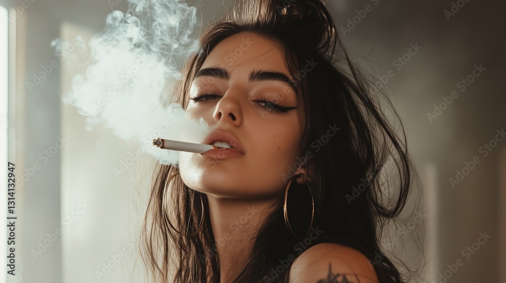 woman smokes cigarette Rebellious young woman smoking a cigarette and exhaling smoke Stock Photo