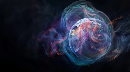Poster - A digital representation of planet Earth encased in a glowing sphere, surrounded by swirling, colorful smoke.