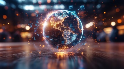 Fototapete - Glowing digital globe with data streams in a futuristic setting