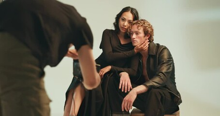 Poster - Photography, studio and photographer with people on set with production team for creative magazine. Fashion, people and gen z influencers posing on crate for portfolio photoshoot with art agency.