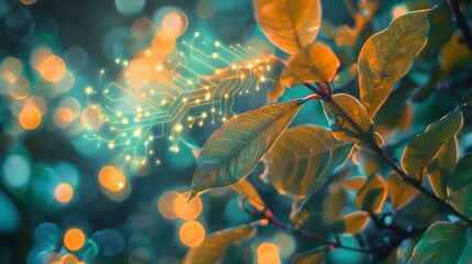 Poster - A close-up of green and yellow leaves on a branch, with a digital, glowing circuit board overlay.