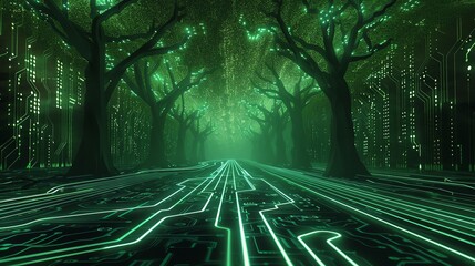 Poster - A futuristic forest path lined with glowing green circuit board pathways,  with trees overhead.