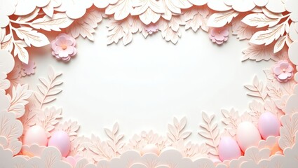 Poster - a festive Easter-themed background decorated with pastel colored eggs and paper cutouts. The artwork evokes a sense of spring, renewal, and celebration