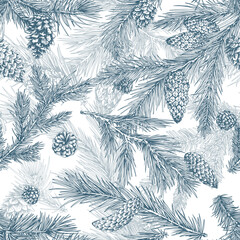 Poster - Christmas tree hand drawn seamless pattern. Pine branches with cones texture. Merry christmas monochrome print. Flora, firs. Realistic botanical wallpaper , wrapping paper vector design