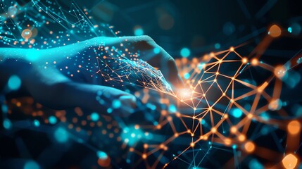 Poster - A hand reaching towards a glowing network of lines and nodes, representing technology and connectivity.