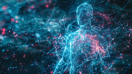 Poster - A glowing, digital representation of the human body with a network of blue and red lines and dots.