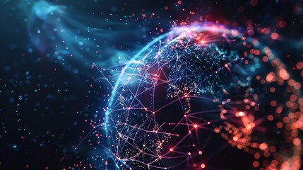Poster - A digital, glowing representation of the Earth with pink and blue lines, showing connections.