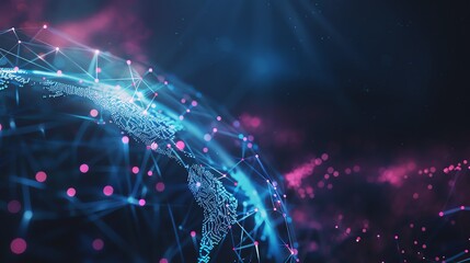 Poster - A digital, abstract representation of the Earth with a network of lines and nodes, glowing in blue and pink.