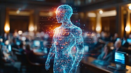 Poster - Futuristic holographic figure presents innovative concepts in a modern conference setting