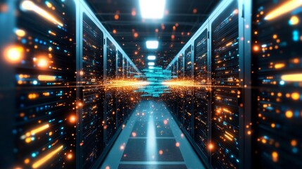 Fototapete - Visual representation of data flow through a high-tech server room in dynamic animation