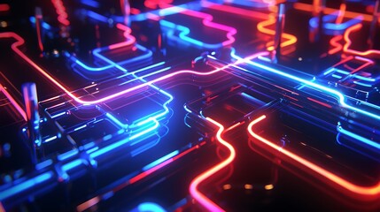 Poster - A digital illustration of glowing blue and red neon lines on a black background.