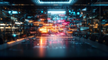 Poster - High-tech conference room with vibrant animated data visuals displayed in 4K resolution