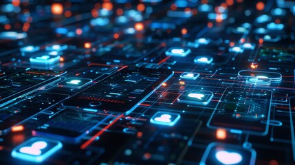 Poster - A digitally rendered image of glowing, abstract smartphones connected by lines and nodes.