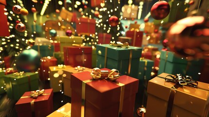 Poster - A collection of colorful, wrapped gifts and ornaments floating in the air.